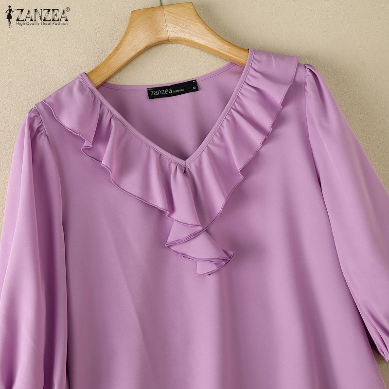 ZANZEA Women Ruffles V-Neck Solid Color Loose 3/4 Sleeve Blouse