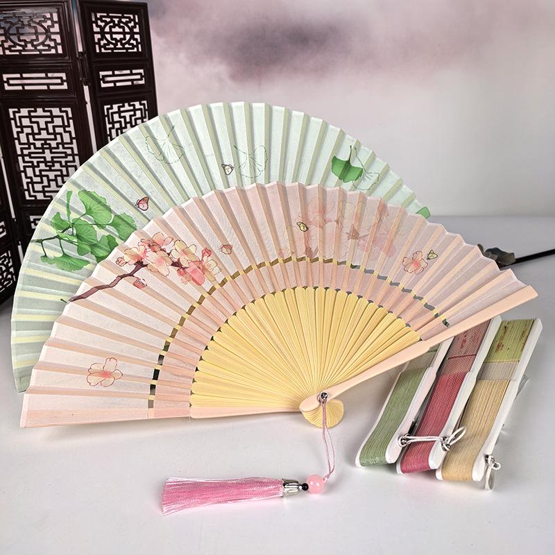 Green Summer Portable Folding Fan: Double Section Qipao Hanfu Chinese Style for Women