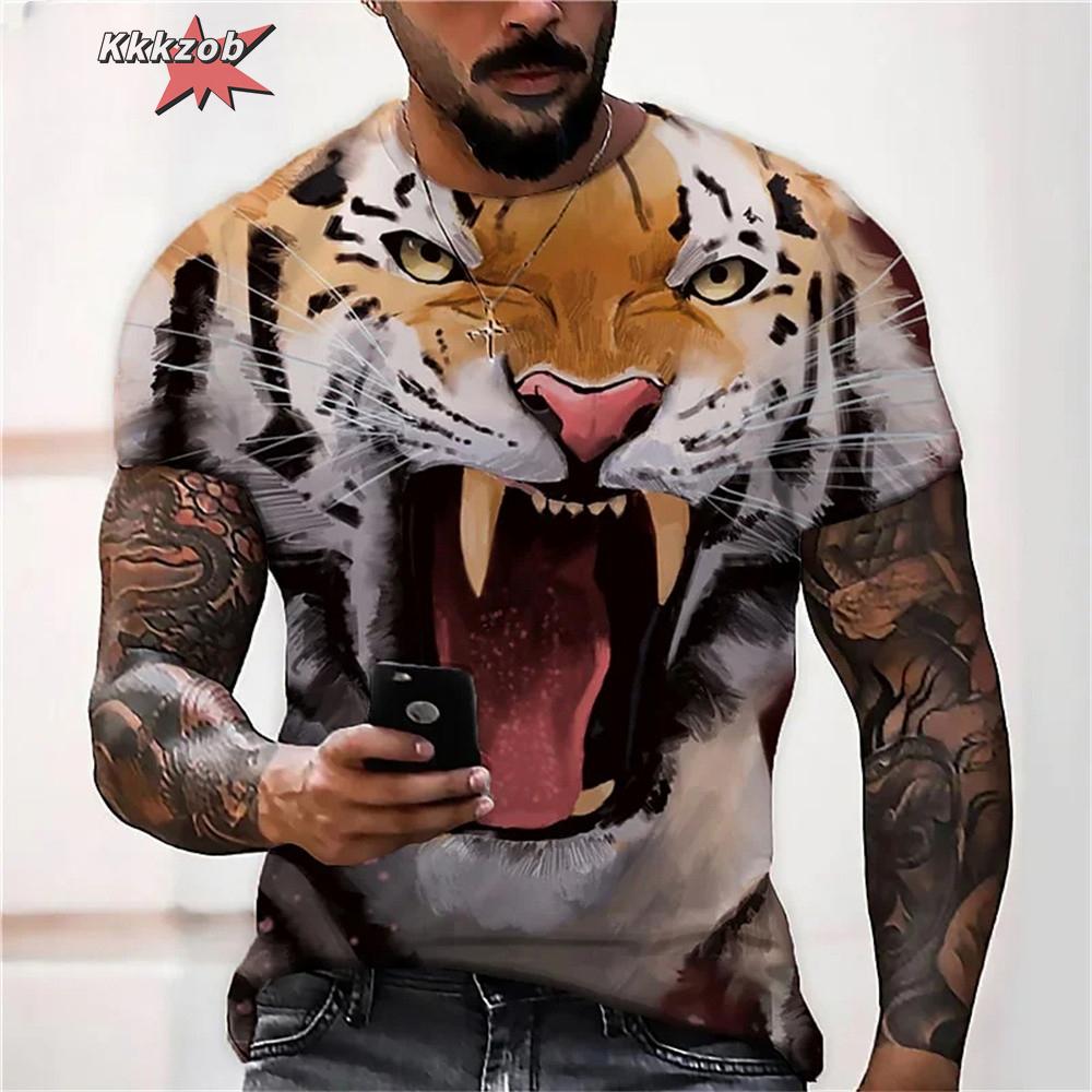 Fierce Tiger Animal Pattern Men's T-Shirts Short Sleeve 3D Animal Printed Trend Street Tee Oversized T Shirt Men Clothing Tops
