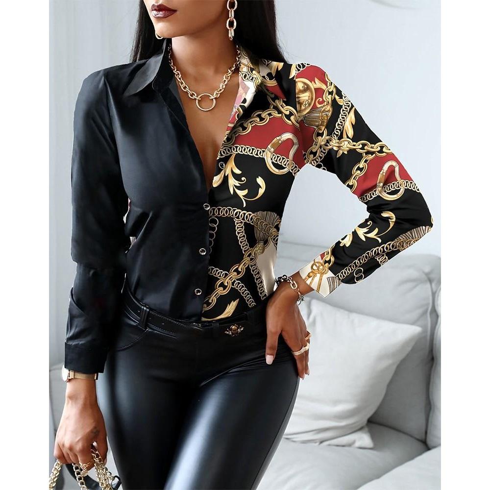 Women Fashion Shirt Vintage Autumn Shirt Print Blouse Casual V-neck Long Sleeve Shirt  Blouse