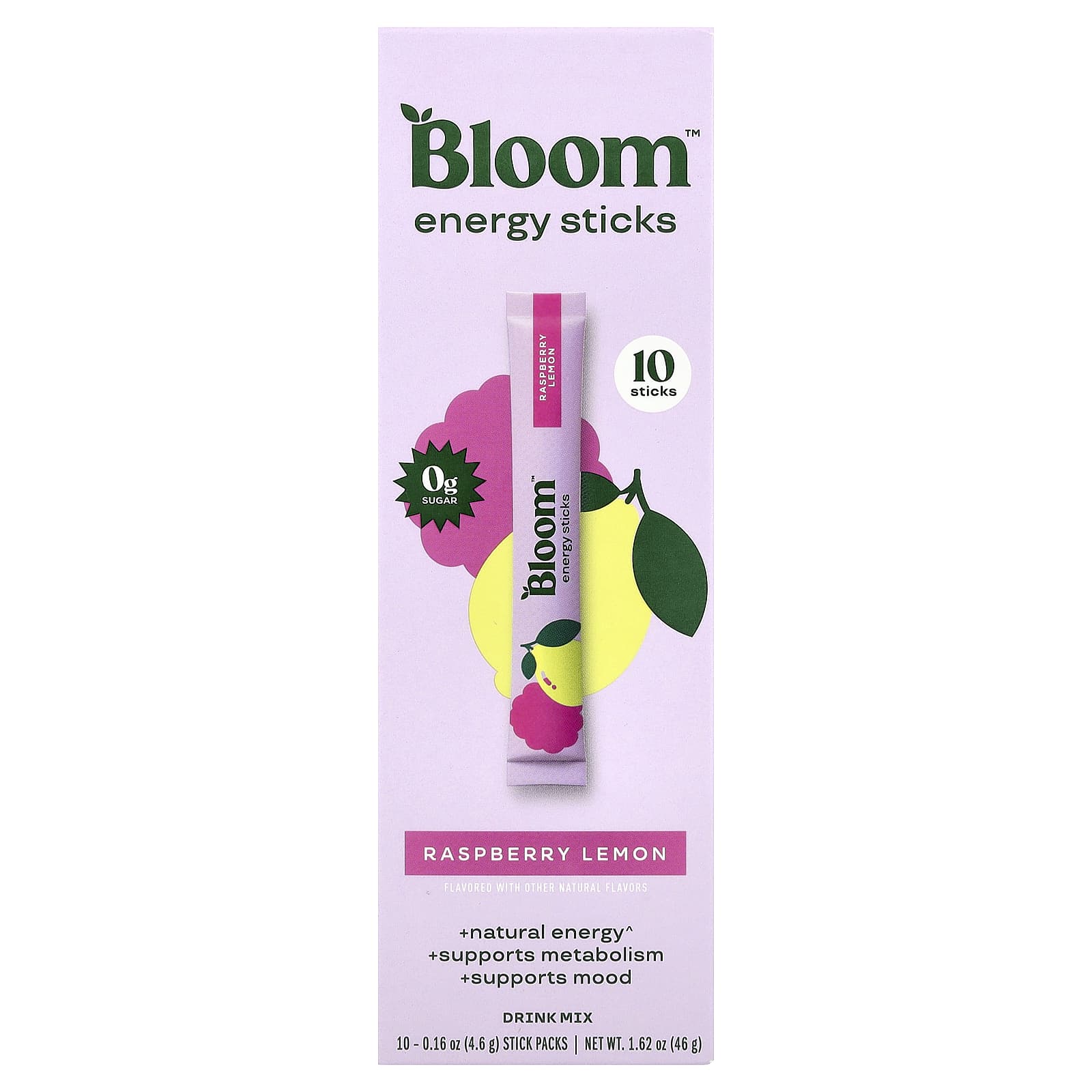 

Bloom, Energy Sticks, Raspberry Lemon, 10 Stick Packs, 4.6g (0.16oz) Each