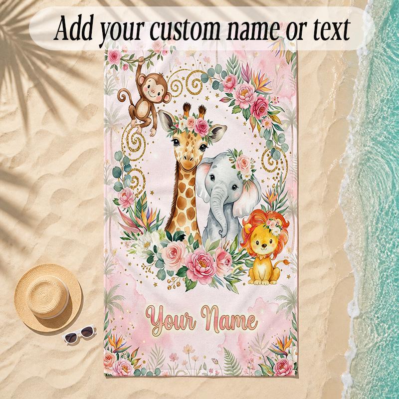 Animals Theme Soft Beach Towel Personalized Custom Name Text Towel Portable for Beach Pool Travel