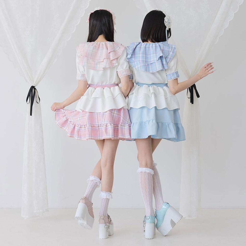 Dear My Love Classic Frill Sailor Blue Check Women's Double-Layered Blouse,