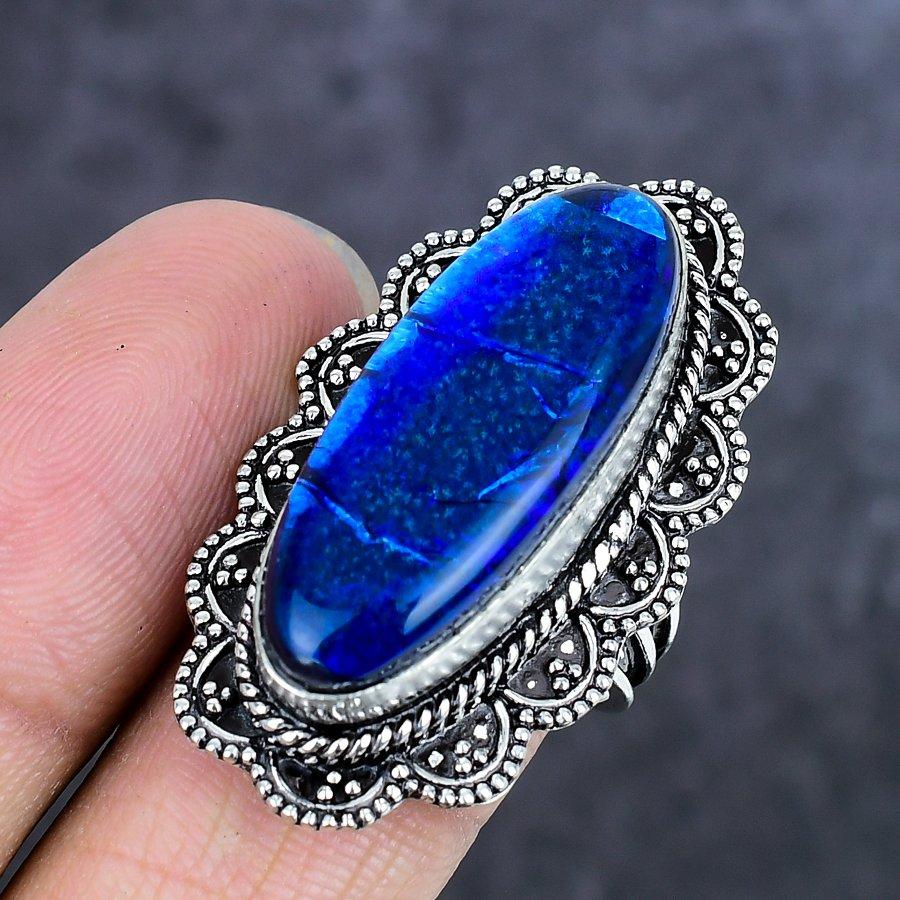 Natural Blue Triplet Opal Gemstone 925 Sterling Silver Jewelry Ring Size 9 ETC-13975