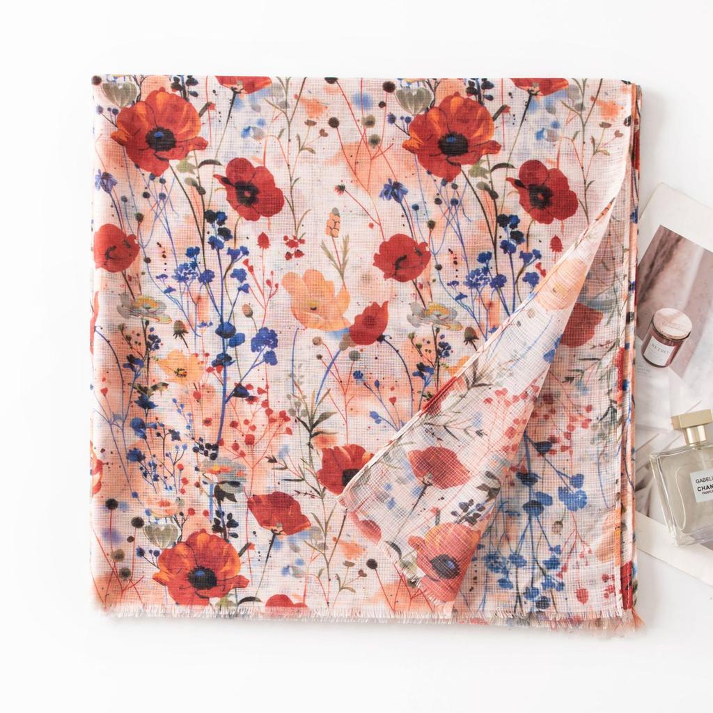Silk scarf women spring and autumn floral thin printed long scarf travel beach towel spring and summer sun protection shawl