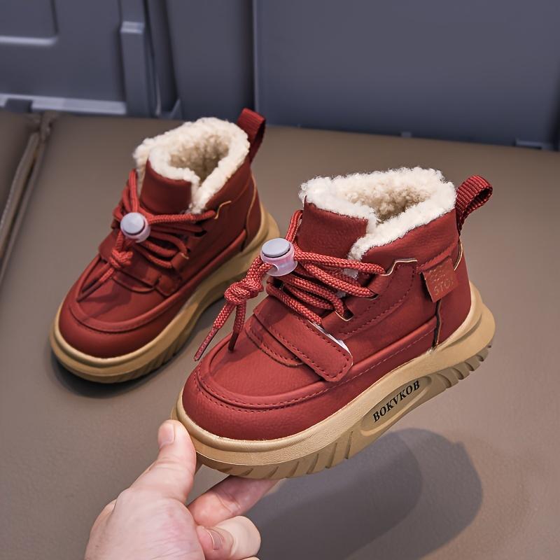 

Уютные ретро-ботинки на флисовой подкладке для детей, однотонные, идеально подходят для осенне-зимних развлечений на свежем воздухе 24 красный