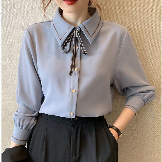 Women's Chiffon Shirt Top with Bow Tie and Lapel Collar Women's Shirt Long Sleeved Base Shirt