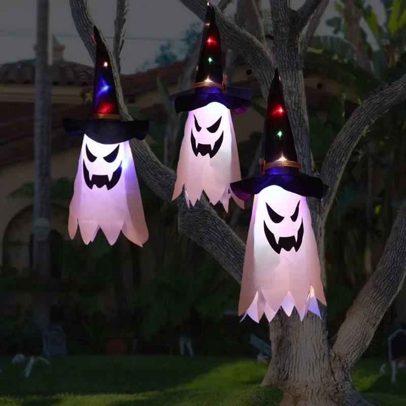 Halloween Decorations Outdoor Hanging Ghosts Lights Glowing Ghost Witch Hat Halloween Ornaments Lights Decorations for Garden