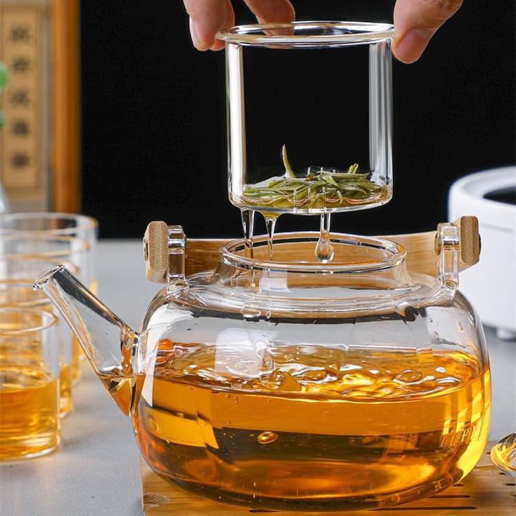 Home Office Electric Pottery Stove Heating Tea Boiler Wooden High Borosilicate Glass Steaming Double Inner Liner Teapot Lifting Beam Pot