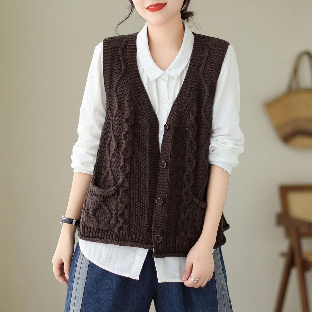 Johnature Women Vintage Sweaters Vests V-Neck Sleeveless Patchwork Pockets Coats Knitted Cotton Clothes Fall Sweaters