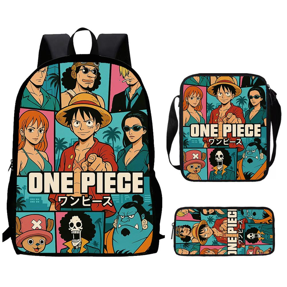 Cartoon One Piece 3pcs Lightweight Durable School Backpack with Crossbody Bag Pencil Case for Boys Girls Age 6-10 Primary School
