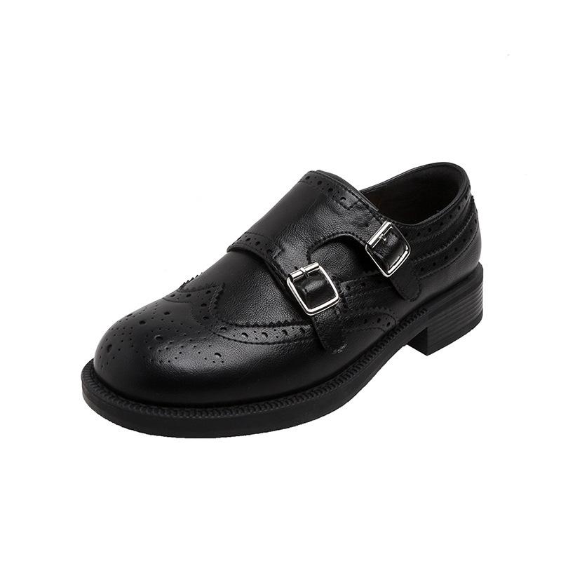 Autumn and winter new Hatton College shrinkage horse leather double buckle round head thick heel British style leather shoes