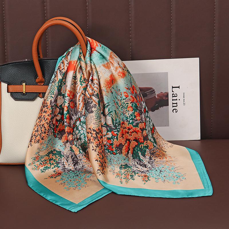 70cm Floral luxury Silk Feel Square Scarf Female Soft Satin Handle Hijab lady Bandana Foulard Bag Ribbon