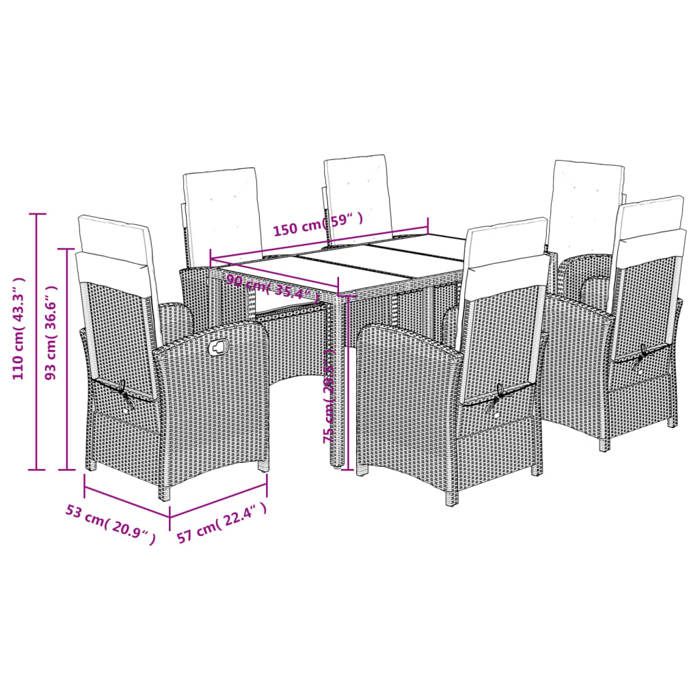 VidaXL 7-Piece Garden Dining Set with Cushions, Table and Chairs with Adjustable Backrest, Outdoor Patio Furniture 3212208