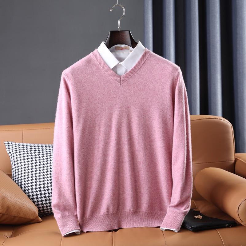 Men's Casual Autumn & Winter 100% Pure Wool V-Neck Loose Knit Sweater