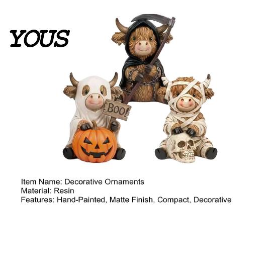 Unique Desktop Collectibles 3Pcs Halloween Highland Cow Figurines, Resin Cattle Statues of Grim Reaper, Porch Entryway Decorations Mummy & Ghost,