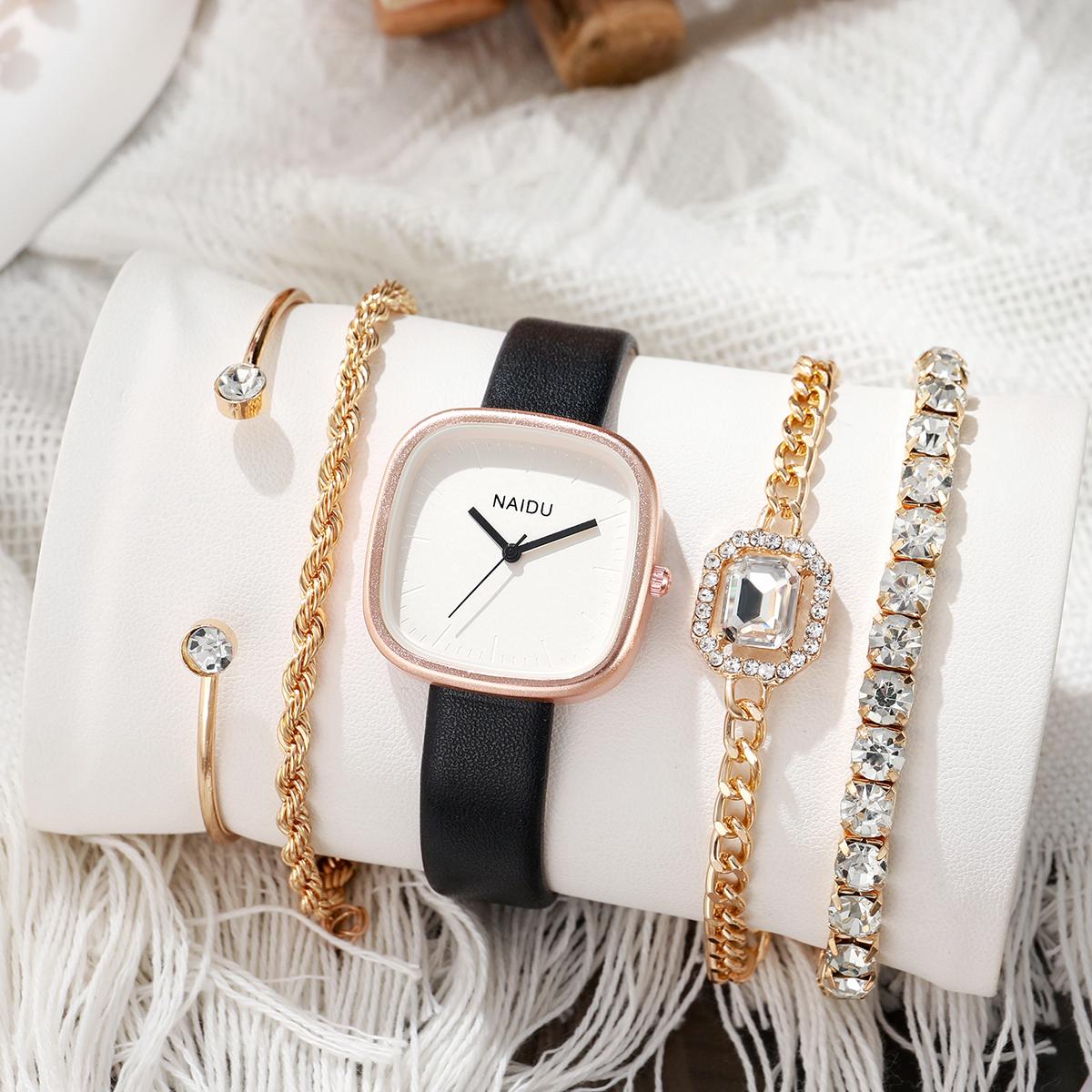 

No gift box, vintage square watch for women, minimalist belt, ladies quartz watch crystal inlaid diamond bracelet 5-piece set золотой