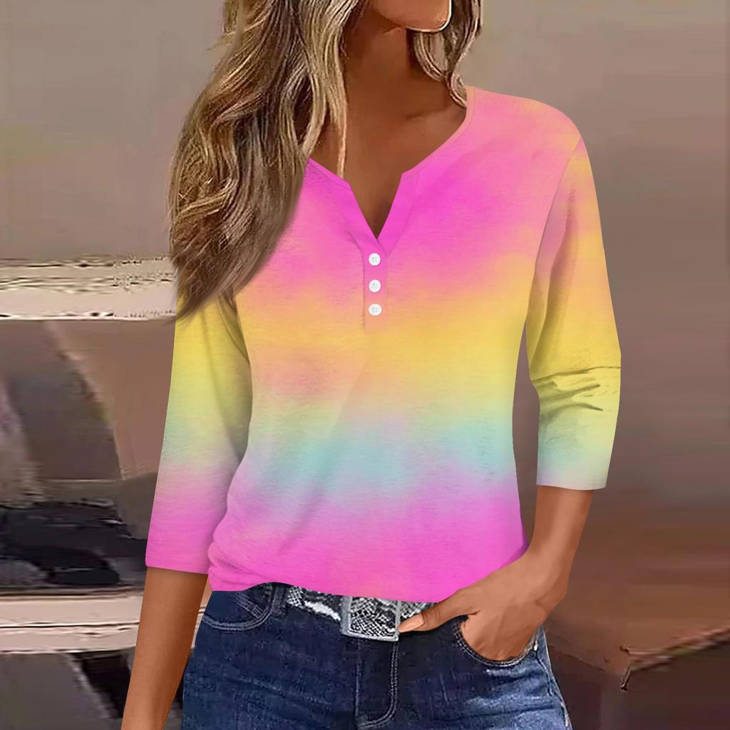 Women's T Shirt Tee Print Button 3/4 Sleeve Daily Weekend Fashion Basic V- Neck Regular Top
