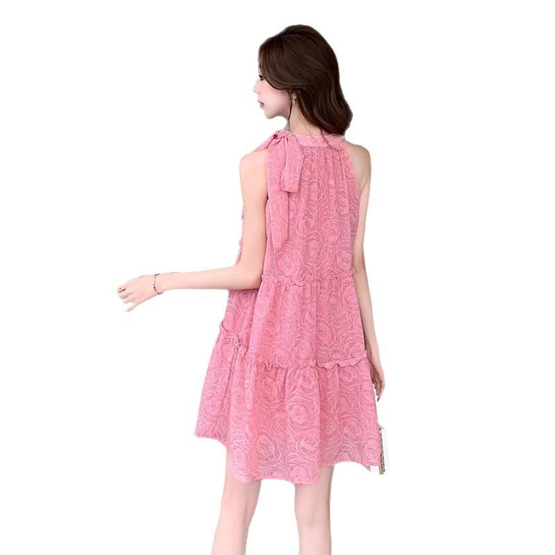 Gentle wind pink neck dress women's summer seaside vacation beach dress super beautiful printed pendulum short skirt