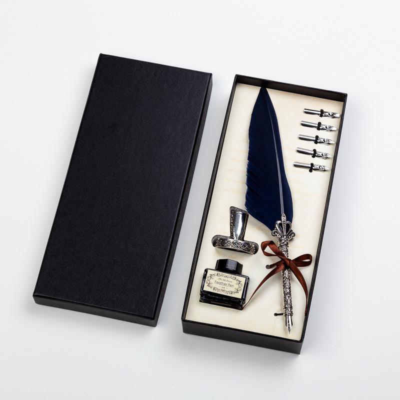 Goose Feather Pen Set with Carved Base and Stainless Steel Nibs - Unique Gift