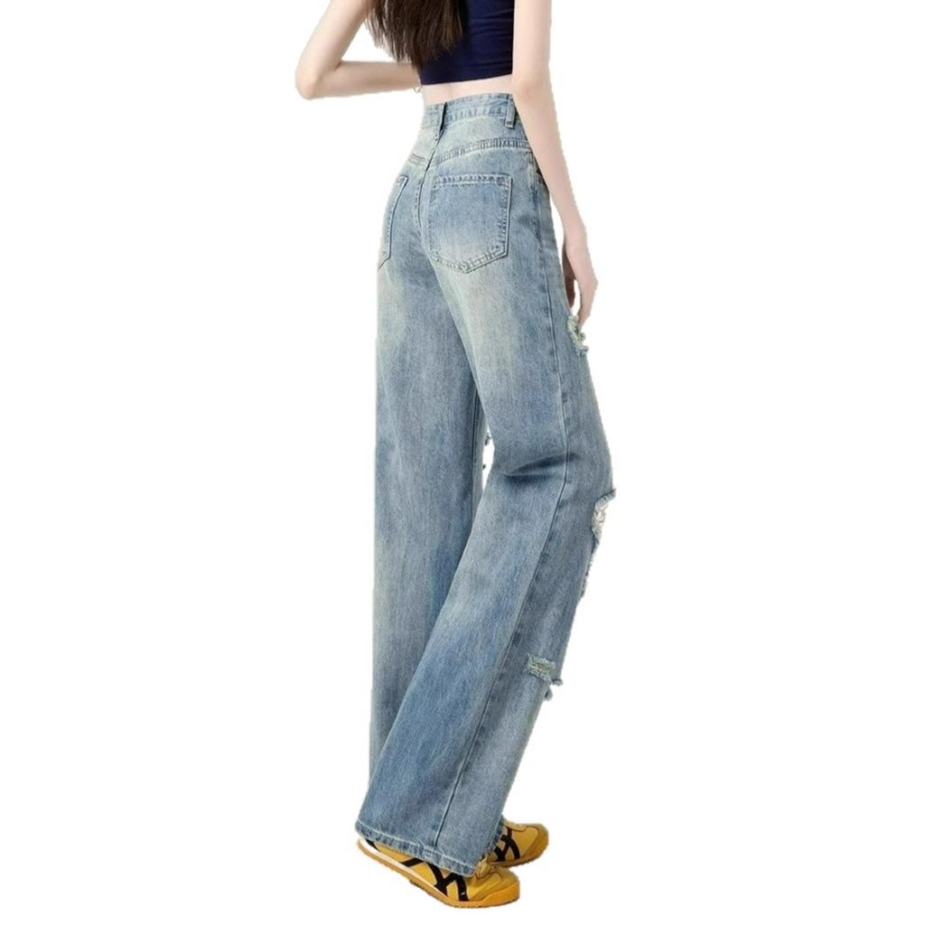 Blue Broken Holes Thin Jeans Women High-waisted Skinny Straight Dragging Trousers Wide Legs Show Legs Long Hundred Long Trousers Long Denim Pants