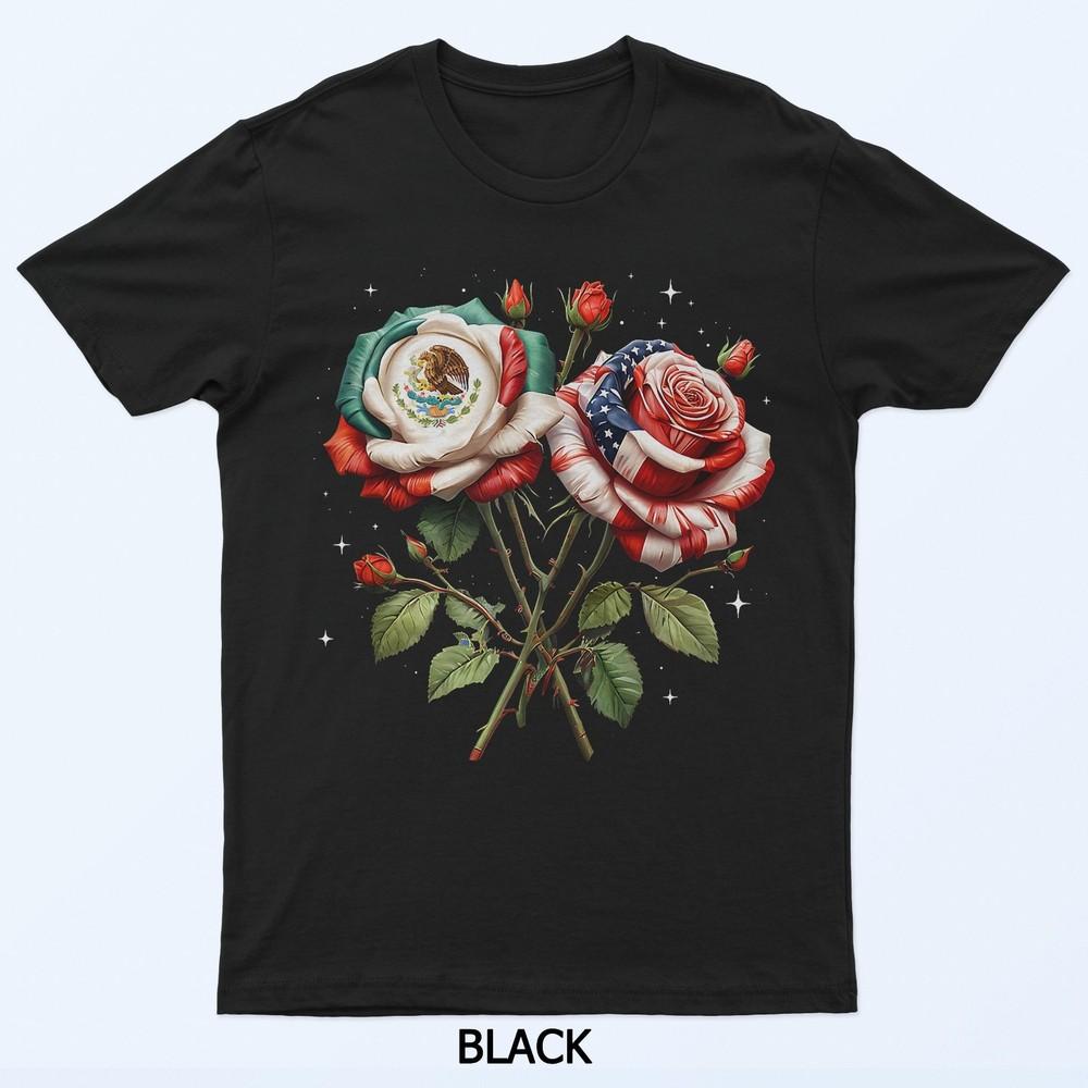 

Mexico USA Flag Mexican Flag American Flag Rose Flower T-Shirt 2XL