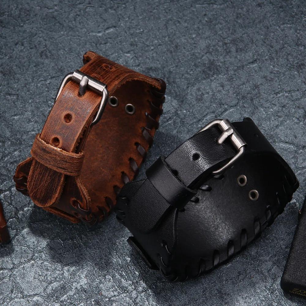 Punk Men Wide Bangle Accessory Wolf Head Charm Bracelet Leather Weave Adjustable Wristband Friendship Jewelry