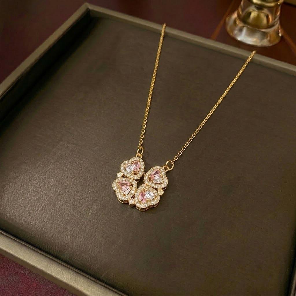 Women's Heart-Shaped Necklace with Four-Petal Flower, Cubic Zirconia, Titanium Steel Clavicle Chain - Elegant and Versatile Accessory