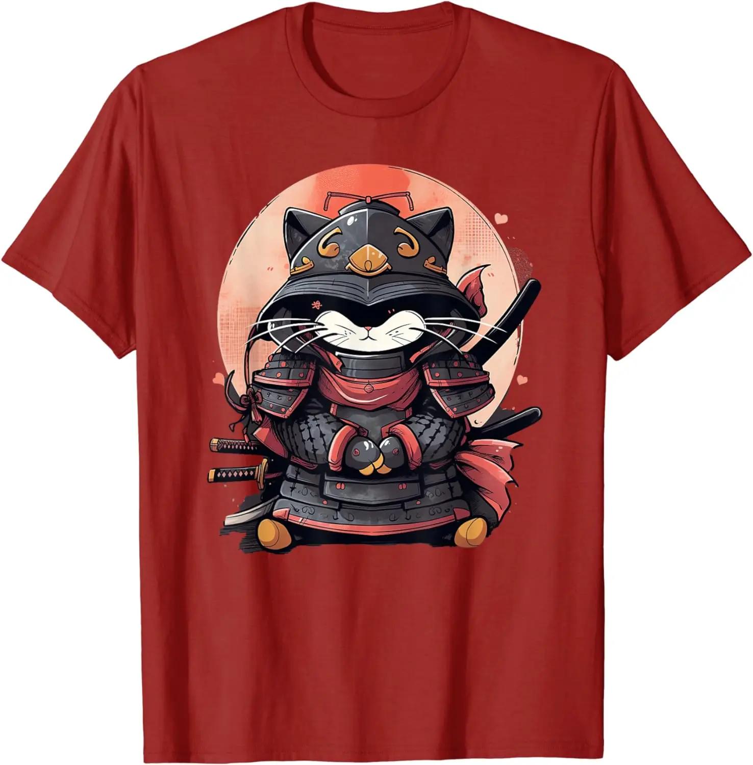 Retro Japanese Cat Samurai tattoo anime streetwear fashion Unisex Hot Sale Crewneck Round Neck Collar graphic Ninja Kawaii TShirt S