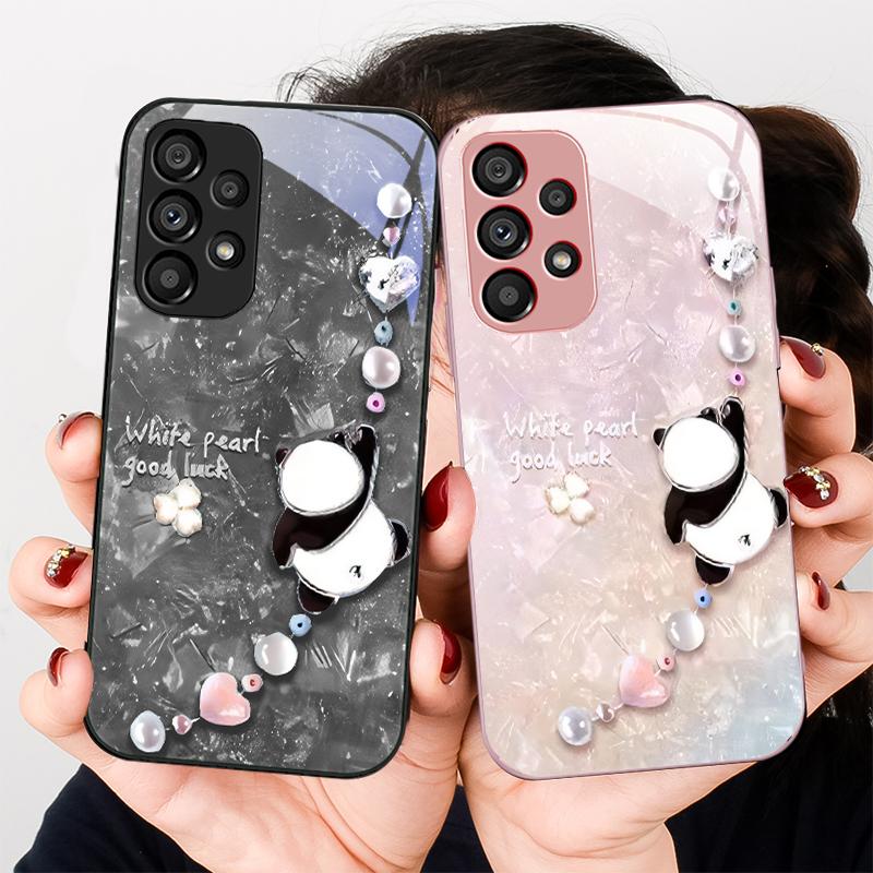 Beaded Panda Silver For Samsung Galaxy S23 U Ltra 24 Plus S20 21 FE S25 Ultra A70 A72 73 51 52 53 Tempered Glass Phone Case