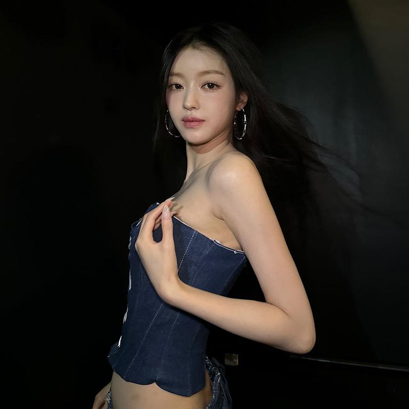 European and American style autumn new women's clothing fashion lace cross strap design slim denim small vest