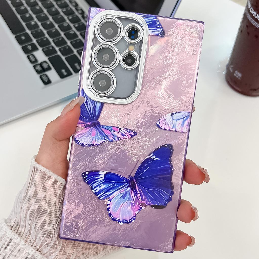 Small Fresh Embossed Butterfly Suitable for Samsung S25 Ultra Electroplated Mobile Phone Case Bracelet S24 Flash Powder Lens Film A56