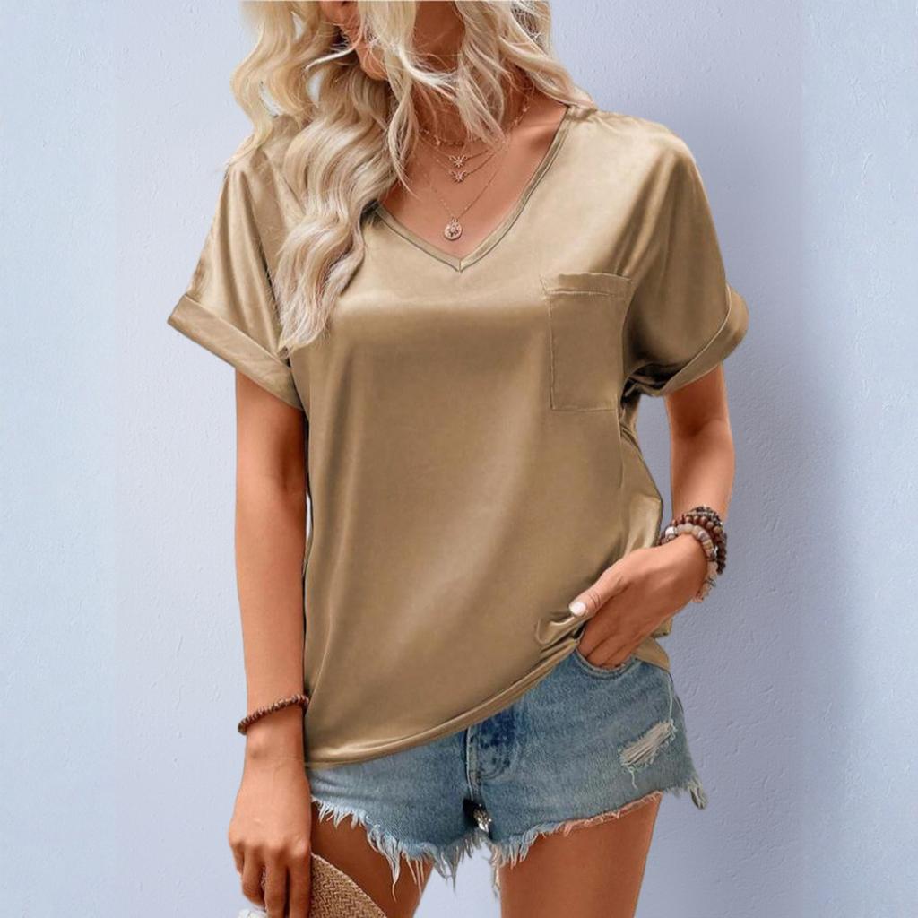 Women's Sading V-Neck Pocket Roll-up Short Sleeve Loose Top