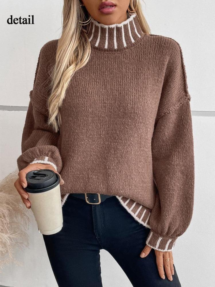 Women Oversized Turtleneck Sweater Loose Lantern Sleeve Ribbed Knit Pullover Casual Long Sleeve Top for Fall Fashion
