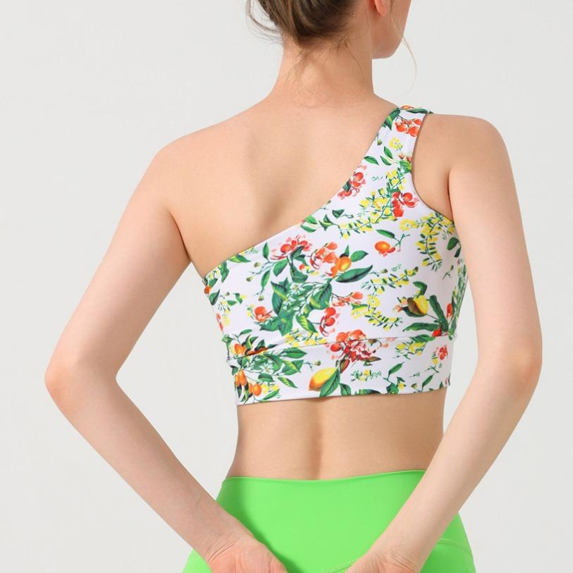 Blumiges Ein-Schulter-Yoga-Weste-Set: Damen Sport-BH & Fitnesshose mit Brustpolstern