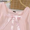 VONDA Women Elegant Solid Color Knot Long Sleeve Blouses