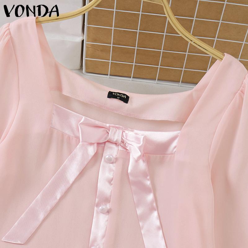 VONDA Women Elegant Solid Color Knot Long Sleeve Blouses
