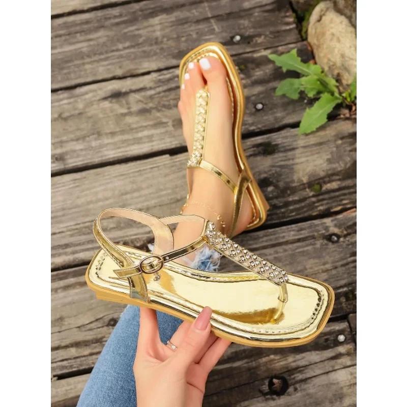 Solid Bling Pu Modern Sandals Buckle Strap Adult Female Shoes On Sale 2024 Fashion Low Heel Flat with Fashion Women's Sandals