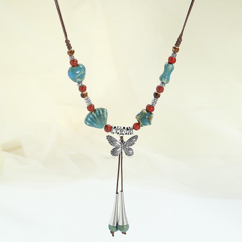 Ceramic Beaded Butterfly Pendant Necklace, Retro Ethnic Style Long Sweater Chain