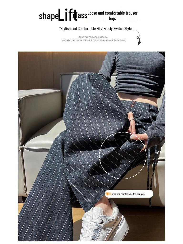 Women's Retro Striped Wide-Leg Pants, 2026 Spring/Summer, Tie-Up Loose Fit, Versatile Old Money Style.