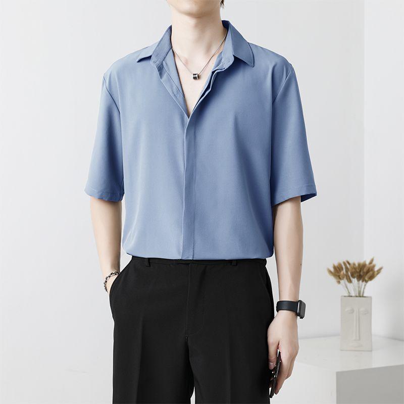 

Новая летняя высококлассная модная рубашка крутого стиля с отложным воротником на пуговицах, повседневная, свободного кроя оверсайз из ледяного шелка однотонная для мужчин S синий