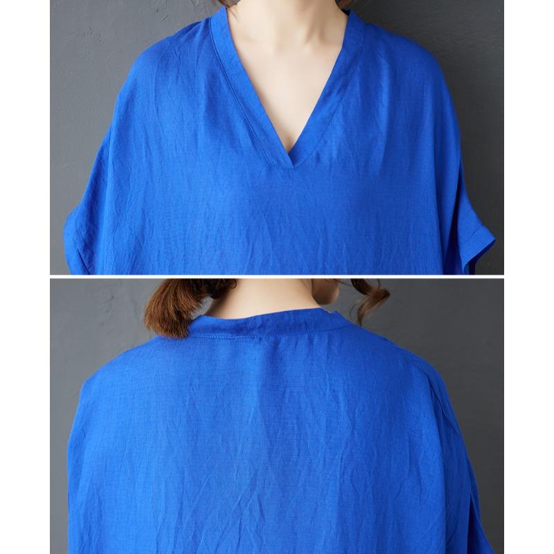 Dimanaf New 2025 Plus Size Summer Dress Women Solid Vintage Casual V-Neck Beach Dress Loose Dress Maxi