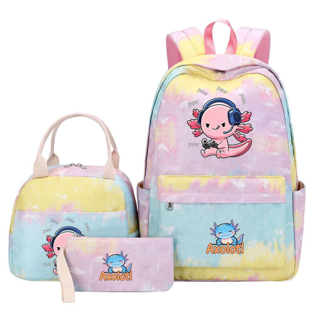 3Pcs Axolotl Backpack for Girls Teen, School Bag with Lunch Box & Pencil Case, Kids Student Daypack, Mochila Back To School Gift