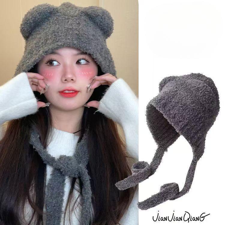 Cute Bear Ear Wool Hat for Women In Autumn and Winter Warm Knitted Hat Plush Hat Versatile Cold Protection Ear Tip Hat