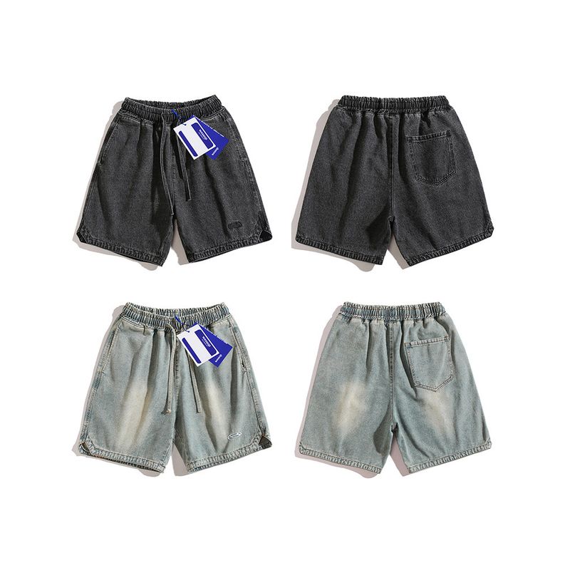 Wassup American Retro Washed Straight-Leg Denim Shorts for Men, Trendy Hip-Hop Street Style Loose Wide-Leg Five-Point Pants