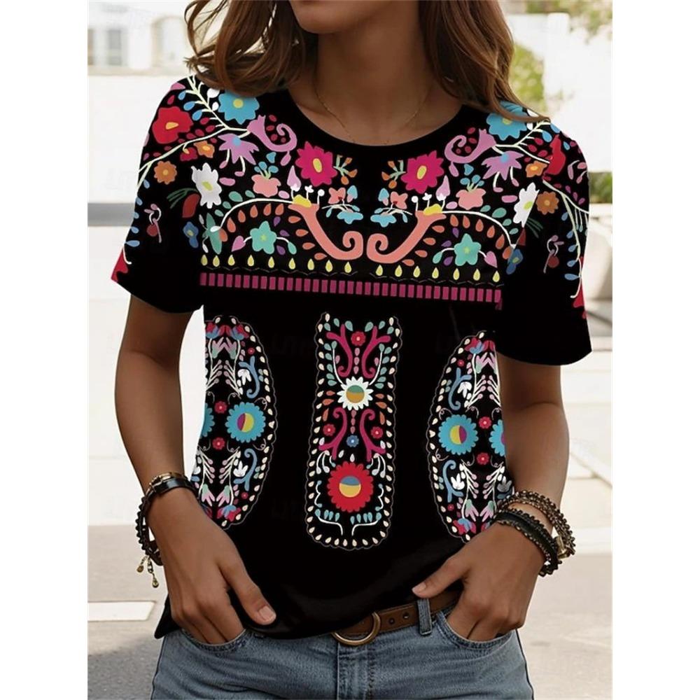 Retro Women s Flower Graphic T-Shirt 3D Prints Short Sleeve Tees Tops O-Neck Short Sleeve T-Shirt Summer Casual Women s Clothing M