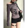 Japanese Y2k Style T Shirts Women Off Shoulder Grunge 90s Cotton Graphic Tops Vintage Harajuku Aesthetic Long Sleeve Tees