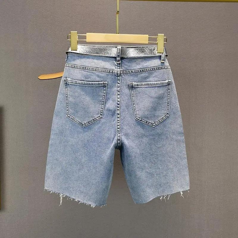 Jean Denim Bleu Pantalon Cinq Quarts Streetwear Femme Été 2025 Nouveau Taille Haute Ample Jeans à Strass Lettre Shorts Décontractés Femme