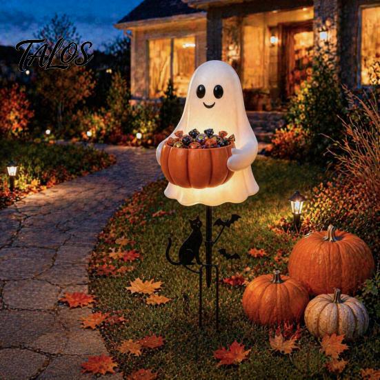 Sturdy Resin Ghost Candy Container Halloween Holder Garden Stake, Cute Glowing with Pumpkin Bowl, Gift for Lovers Outdoor Yard Sign Front Porch, Lawn,