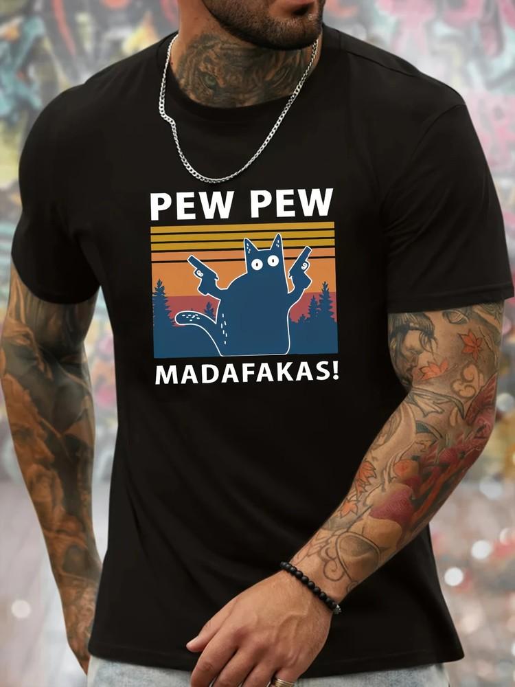 Удобная эластичная футболка с принтом - Pew Pew И Кот Мужская с коротким рукавом 3XL